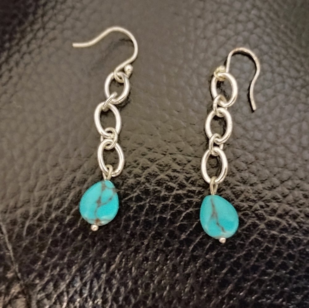 Silver Chain & Hook With Turquoise Tear Drop Stone Bead Dangle Earrings